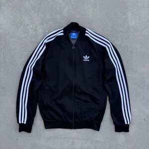 Y2K Adidas Originals Track Jacket Black White 3 Stripe Trefoil Full Zip Mens S